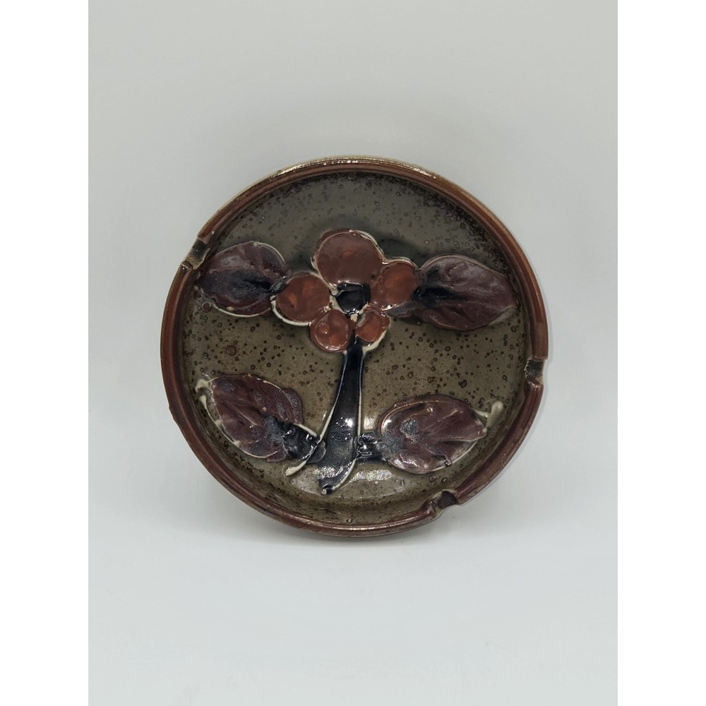 Vintage Studio Pottery Floral Ashtray‎ Brown Speckled Ceramic Art Pottery